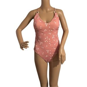 Wet Aria One Piece Swimsuit Pink with White Star Print Plunging Open Back size L